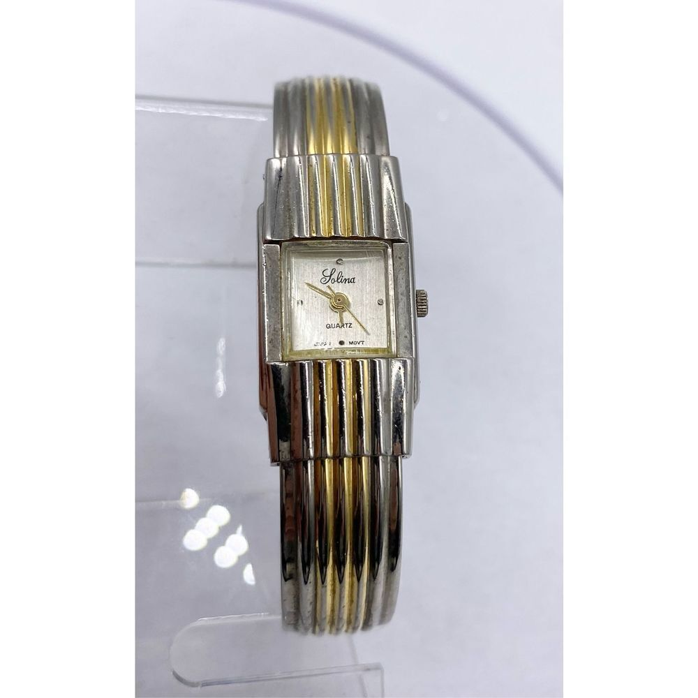 Solina Watch Women Gold Silver Dual Tone Square  Open Cuff Band New Battery